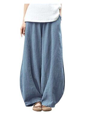 Womens Linen Cotton Wide Leg Pants Elastic Waist Baggy Harem Casual Lounge Pants
